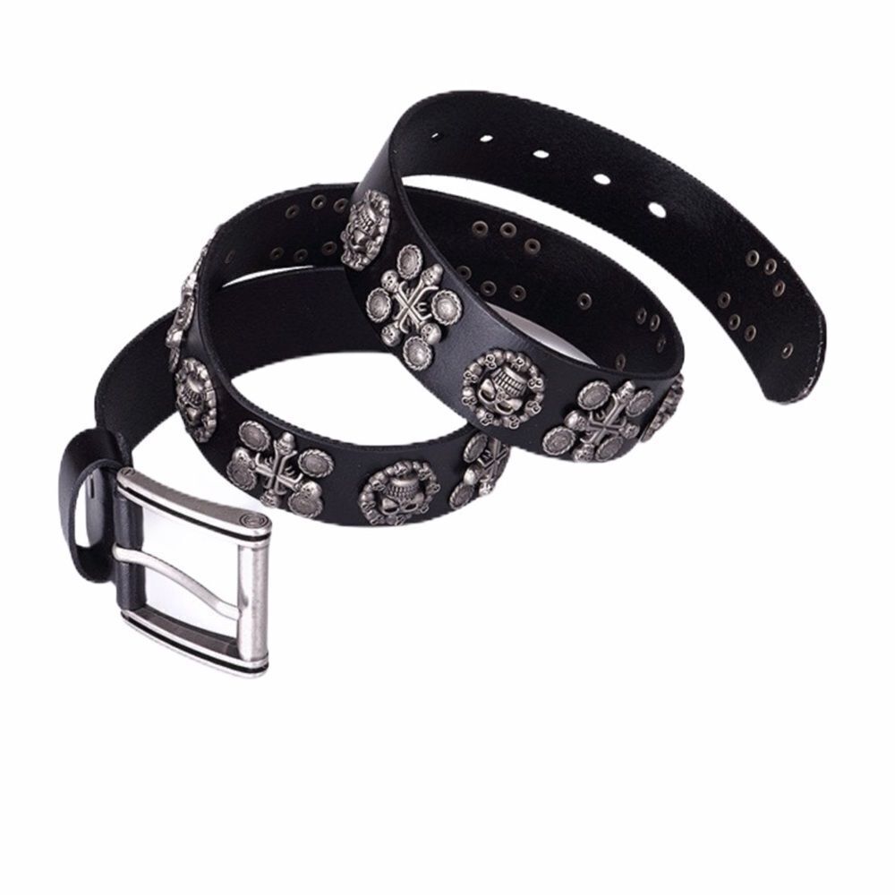 Black Genuine Leather Studded Brush Nickel Skulls Biker Moto Belt NEW